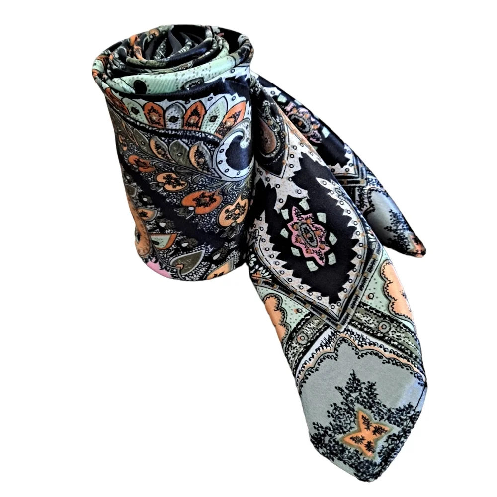 Satin square scarf black Paisley boho colorful neck hair & head elegant 2/$30